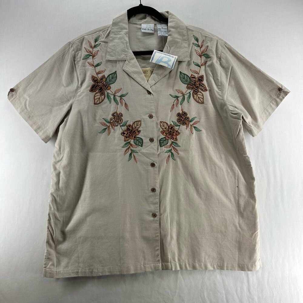 Bobby Brooks Layered Button Up Shirt Women XL Short Sleeve Flower Embroidery